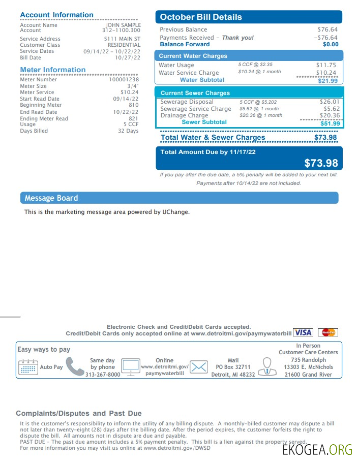 Usa Michigan water and sewerage department utility bill, word and pdf template, 2 pages 2 template